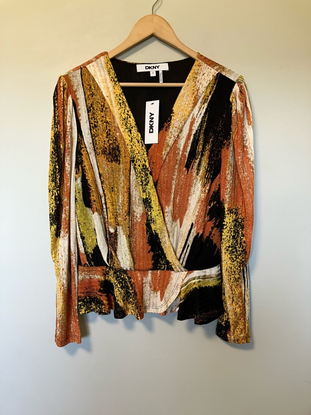 NWT DKNY Abstract Wrap Blouse in Rust, Black, Gold and White